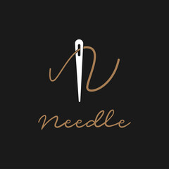 Abstract Initial Letter N Tailor logo, thread and needle combination with gold colour line style , Flat Logo Design Template, vector illustration