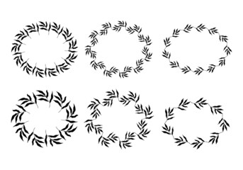Illustration of collection of assorted oval shaped black frames made of plants on white isolated background