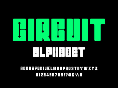 Vector of circuit board line dots alphabet design with uppercase, numbers and symbols