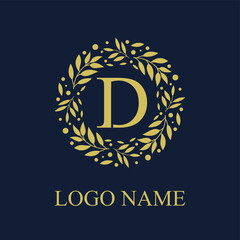 Initial D Letter in Circle Leaves Wreath Frame for Cosmetic, Make up, Fashion, Hotel, Resto, Resort, Real Estate, Apartment Business Logo Vector Template