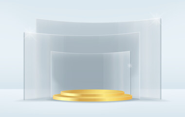 Concept vector 3D shape product display presentation square podium gold with shadow for cosmetic product together with transparent glass backdrop modern minimal