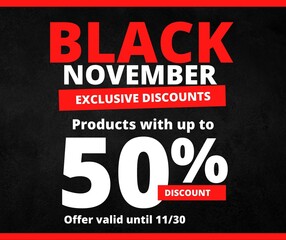 Black Friday 50% off discount background, Black Friday promotional banner, gift box and discount text, post social media template