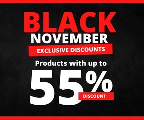 Black Friday 55% off background, Black Friday promotional banner, gift box and discount text, post social media template