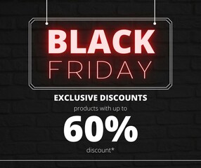 Black Friday 60% off background, Black Friday promotional banner, gift box and discount text, social media template