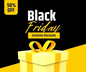 Black Friday background yellow, Black Friday promotional banner, gift box and discount text, post social media template premium poster vector