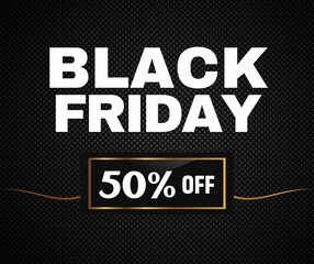 Black Friday 50% off background, Black Friday promotional banner, gift box and discount text, post social media template premium