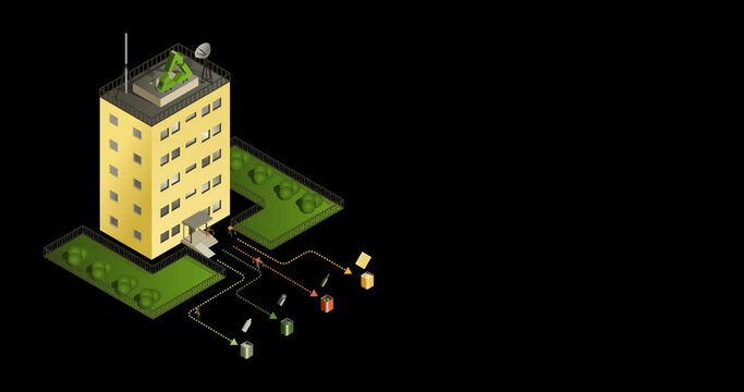 Sorting trash. Recyclable waste is separated by people into different containers. Care for ecology. Building with recycling symbol of the roof. Isometric vector animation with transparent background.