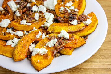 Roasted Butternut Squash with Pecans, Goat Cheese, & Maple Syrup