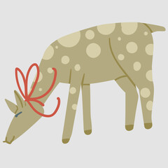 Vector cartoon deer with red bow with bowed head