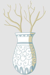 Minimalistic scandinavian illustration of cheenese vase with blue painting and bare branches