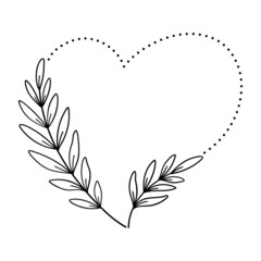 Heart shape frame with hand drawn leaves. Line art, vector illustration.