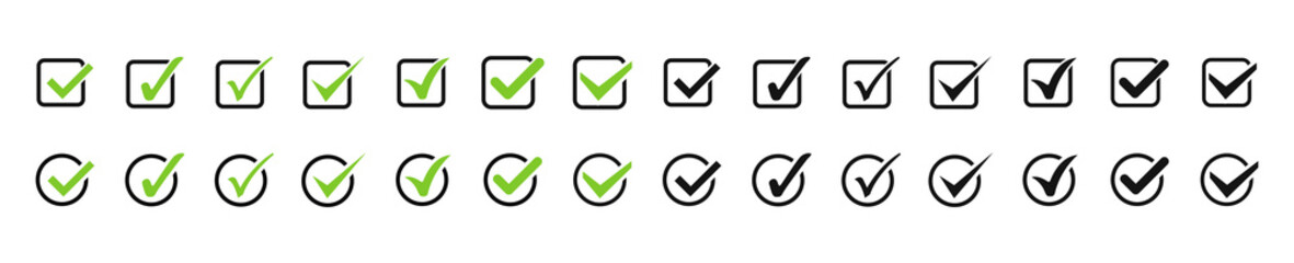 Green check mark and red cross icon set. Circle and square icon. Tick symbol in green color. Check marks symbol collection. Quality sign icon. Checklist symbols. Stock vector.
