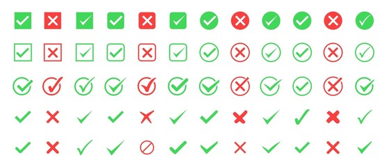 Check mark and red cross icon set. Circle and square. Tick symbol in green color. Check marks symbol collection. Quality sign icon. Checklist symbols. Stock vector.
