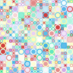 Patrón geométrico abstracto compuesto de figuras en colores pastel difuminados formando un mosaico de cuadrados y burbujas efervescentes.