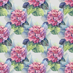 Seamless pattern watercolor hydrangea with leaves on grey background. Hand drawn pink purple green botany flower for Womens day 8 march. Bouquet for celebration wedding. Spring summer art for moms day