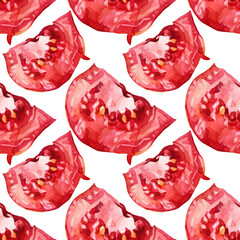 Seamless pattern slice tomato on white background. Watercolor red hand drawn vegetable. Healthy food for salad cooking or ketchup. Creative art for menu cookbook kitchen kid wallpaper, wrapping, cafe