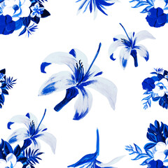 Fototapeta na wymiar Cobalt Pattern Nature. Indigo Seamless Leaves. Blue Tropical Nature. Azure Flower Hibiscus. White Wallpaper Hibiscus. Decoration Hibiscus. Watercolor Plant.
