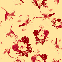 Coral Pattern Illustration. Ruby Seamless Hibiscus. Pink Tropical Art. Yellow Wallpaper Palm. Red Flower Background. Gray Decoration Exotic. Drawing Leaf.