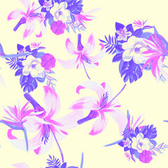 Yellow Pattern Palm. White Seamless Leaf. Gray Tropical Texture. Coral Wallpaper Botanical. Pink Spring Leaves. Decoration Botanical. Watercolor Texture.