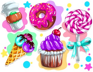 illustration of cartoon sweets: coffee, donut, lolipop, icecreame and cupcake