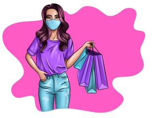 illustration of pretty girl in jeans and t-shirt with face protecting mask holds shopping bags