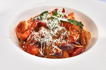 spaghetti pasta with tomato sauce and parmesan cheese and basil