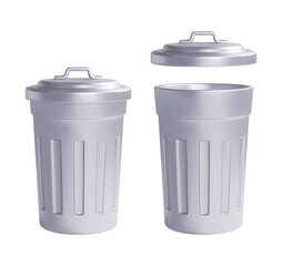 Open and closed metallic street trash bin. Realistic vector illustration.