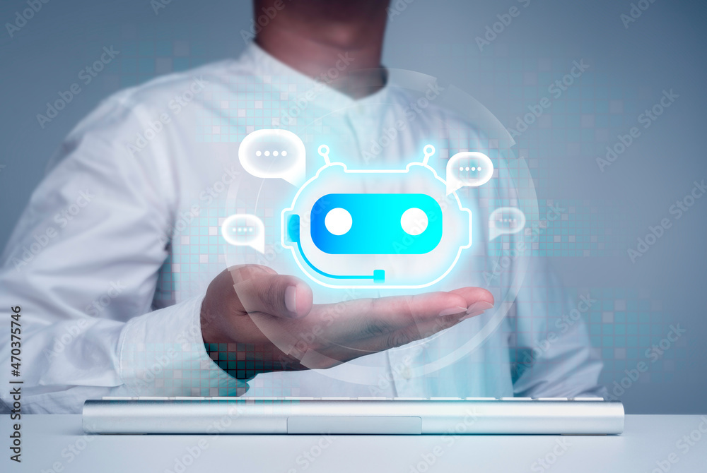 Aufkleber digital chatbot concept. virtual bot icon with speech balloons symbol on hand while using computer f