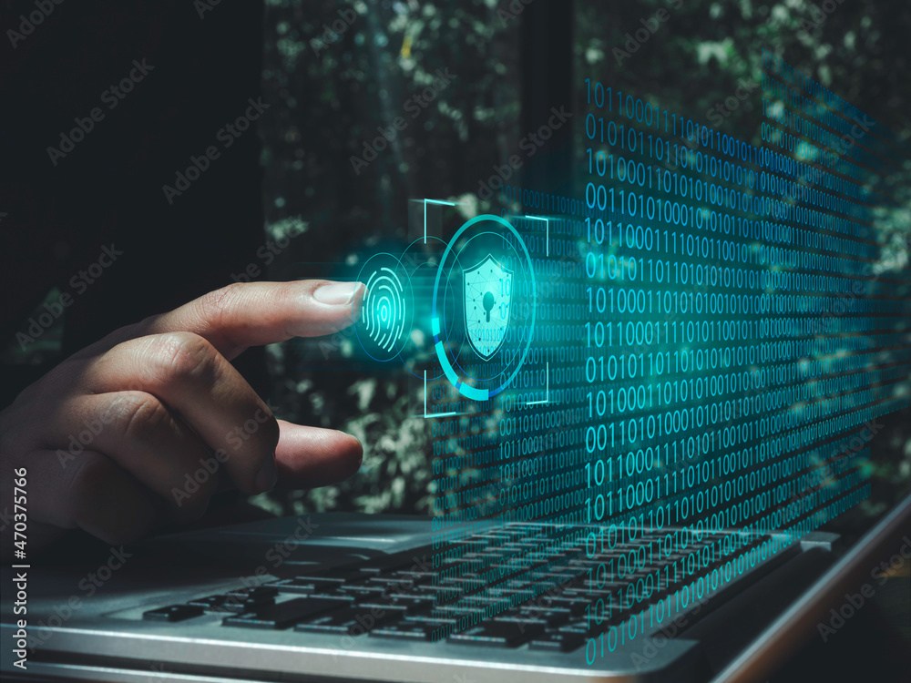 Poster security data technology, identity verification, and personal privacy concept. shield icon, fingerpr