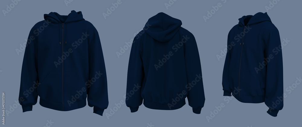 Sticker Blank hooded sweatshirt  mockup with zipper in front, side and back views, 3d rendering, 3d illustration - Stickers