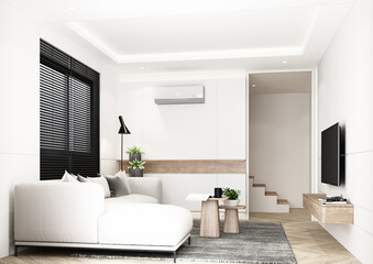 Fototapeta na wymiar A living room designed in a minimalist style. With warm tones and wooden materials, on parquet floors, TV cabinets and gray fabric sofas with coffee table and wooden blinds on the windows. 3d render