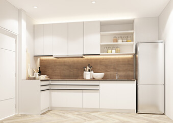 The kitchen is designed in minimalist style and made of wood material, with white countertops with hidden lights and a sink, stove and refrigerator on parquet floors. 3d render