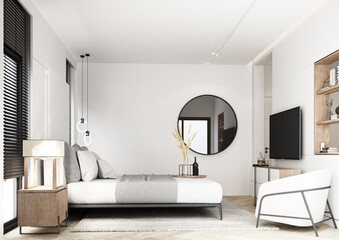 Bedroom designed in minimalist style with bed, bedside table. and the walls are decorated with wooden materials On parquet floors and wooden blinds with many decorations 3d render