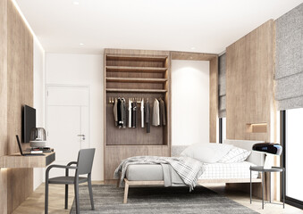 Bedroom designed in minimalist style with bed, bedside table. and the walls are decorated with wooden materials On parquet floors and wooden blinds with many decorations and wardrobe 3d render