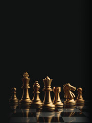 The set of golden chess pieces element, king, queen rook, bishop, knight, pawn standing on...