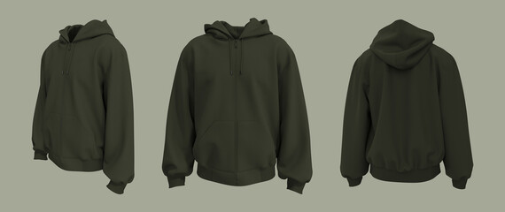 Blank hooded sweatshirt  mockup with zipper in front, side and back views, 3d rendering, 3d...