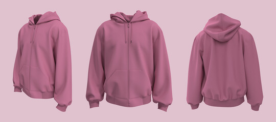 Blank hooded sweatshirt  mockup with zipper in front, side and back views, 3d rendering, 3d illustration