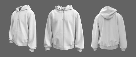 Blank hooded sweatshirt  mockup with zipper in front, side and back views, 3d rendering, 3d illustration - obrazy, fototapety, plakaty
