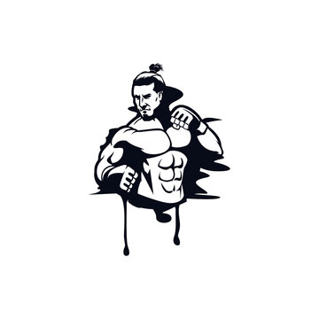 silhouette muscular body Fighter sticker logo vector design template inspiration idea