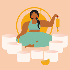 Obraz na płótnie Canvas Illustration of woman leading a sound bath with singing bowls