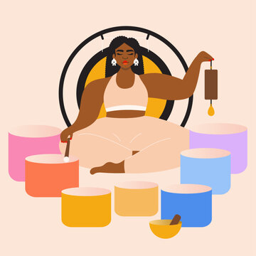 Illustration of woman leading a sound bath with singing bowls