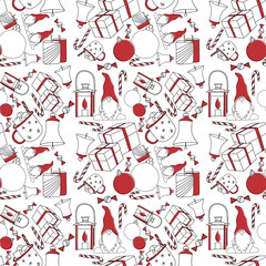 Seamless Christmas pattern with decorations on white background in doodle style 