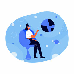 A woman used virtual reality glasses online in a deep metaverse. The meta universe. Vector illustration, concept, isolated on a white background.