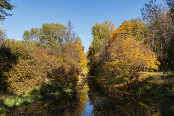 Small river in the city park in autumn in sunny weather.