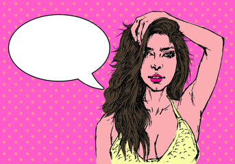 Wow a feminine pop art face. With blue eyes, an open lips, and a speech bubble,  sexy young woman is astonished. Bright vector backdrop in the manner of a pop art retro comic. Poster for a party invit