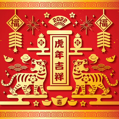 2022 Chinese New Year Tiger Paper Cutting Vector Illustration (Translation: Auspicious Year of the Tiger, good fortune year)