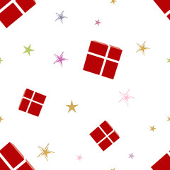 Christmas repeat pattern created with red gift box tied with light color ribbon and stars, Hand drawn vector swatch for textile, gift wrapper, fabric, web backdrop and packaging.