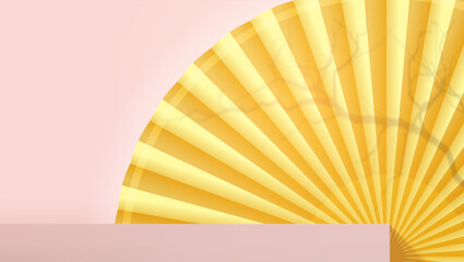 Paper fan with shadow of tree branch and podium. Abstract background. Skin tone color. Studio for cosmetic product display.