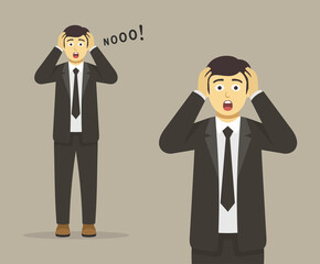Isolated terrified and shocked businessman or manager holding his head and yelling no. Flat vector illustration template.