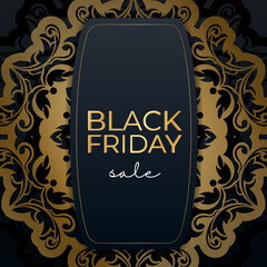 Blue black friday sale banner with geometric gold pattern